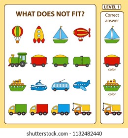 Set of tasks for the development of logical thinking of children. What does not fit is education children game. Difficulty level 1. Set composed of objects on the transport theme. Vector illustration