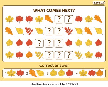 Set of tasks for the development of logical thinking of children. What comes next is educational children game. Find the regularity and right composite the row task. Level 3. Vector illustration