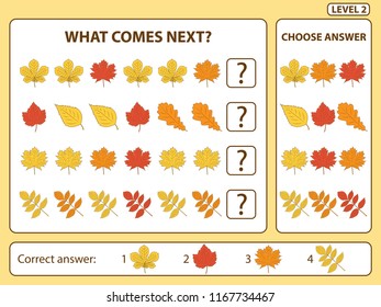 Set of tasks for the development of logical thinking of children. What comes next is educational children game. Find the regularity and continue the row task. Difficulty level 2. Vector illustration