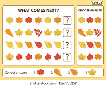 Set of tasks for the development of logical thinking of children. What comes next is educational children game. Find the regularity and continue the row task. Difficulty level 2. Vector illustration