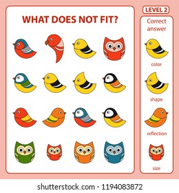 Set of tasks for the development of logical thinking of children. What does not fit is education children game. Difficulty level 2. Set composed of abstract birds. Vector illustration