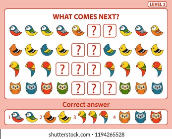 Set of tasks for the development of logical thinking of children. What comes next is educational children game. Find the regularity and right composite the row task. Level 3. Vector illustration