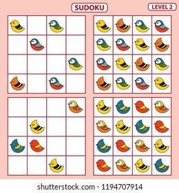 Set of tasks for the development of logical thinking of children. Sudoku with pictures is education game. Difficulty level 2. Birds theme. Paste pictures into the correct cells. Vector illustration