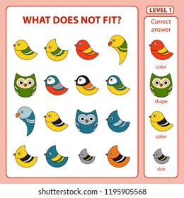 Set of tasks for the development of logical thinking of children. What does not fit is education children game. Difficulty level 1. Set composed of abstract birds. Vector illustration