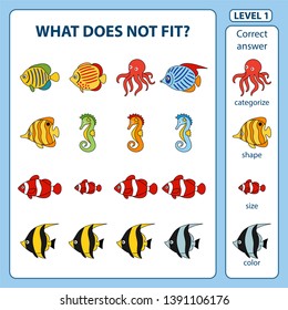 Set of tasks for development of logical thinking of children. What does not fit is education children game. Difficulty level 1. Set composed of sea animals and fish. Vector illustration in flat style.