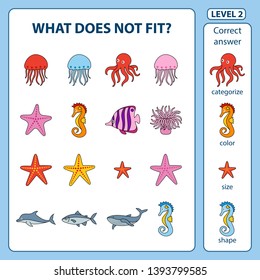 Set of tasks for development of logical thinking of children. What does not fit is education children game. Difficulty level 2. Set composed of sea animals and fish. Vector illustration in flat style.