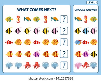 Set of tasks for the development of logical thinking of children. Find the regularity and continue the row task. Set composed of sea animals and fish. Difficulty level 1. Vector illustration