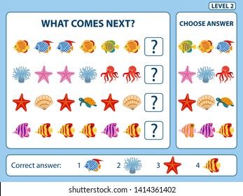 Set of tasks for the development of logical thinking of children. Find the regularity and continue the row task. Set composed of sea animals and fish. Difficulty level 2. Vector illustration