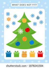 Set of tasks for the development of logical thinking of children. What does not fit is education children game. Difficulty level 1. Set composed of Christmas decorations. Vector illustration