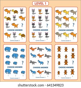 Set of tasks for the development of logical thinking of children. Level 1. Set of logical tasks composed of animals. Vector illustration