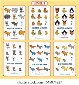 Set of tasks for the development of logical thinking of children. Level 2. Set of logical tasks composed of animals and birds. Vector illustration