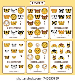 Set of tasks for the development of logical thinking of children. Level 2. Set of logical tasks composed of faces of tiger, lion, bear, raccoon, dog, panda, hamster. Vector illustration