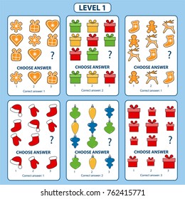 Set of tasks for the development of logical thinking of children. Level 1. Set of logical tasks composed of Christmas decorations, cookies, Christmas sock and gift box. Vector illustration
