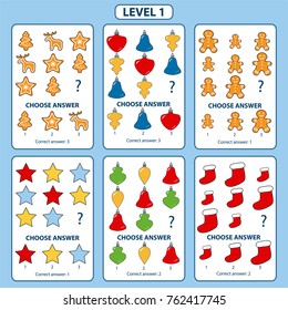 Set of tasks for the development of logical thinking of children. Level 1. Set of logical tasks composed of Christmas decorations, cookies, Christmas sock and stars. Vector illustration