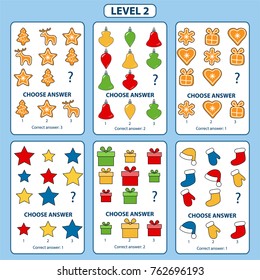 Set of tasks for the development of logical thinking of children. Level 2. Set of logical tasks composed of Christmas decorations, cookies, Christmas sock, hat, gift box and stars. Vector illustration