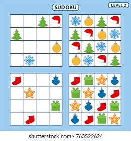 Set of tasks for the development of logical thinking of children. Education game. Sudoku game with pictures. Level 2. Set of logical tasks composed of Christmas decorations. Vector illustration