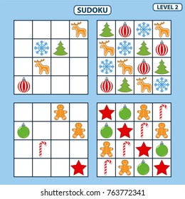 Aufgabenstellung für die Entwicklung des logischen Denkens von Kindern. Erziehungsspiel. Sudoku Spiel mit Bildern. Stufe 2. Satz logischer Aufgaben, die aus Weihnachtsdekorationen bestehen. Vektorgrafik