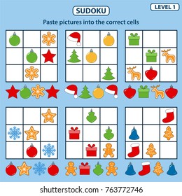 Set of tasks for the development of logical thinking of children. Education game. Sudoku game with pictures. Level 1. Paste pictures into the correct cells. Vector illustration