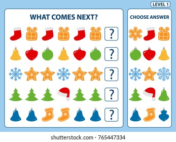 Set of tasks for the development of logical thinking of children. What comes next is educational children game. Find the regularity and continue the row task. Difficulty level 1. Vector illustration