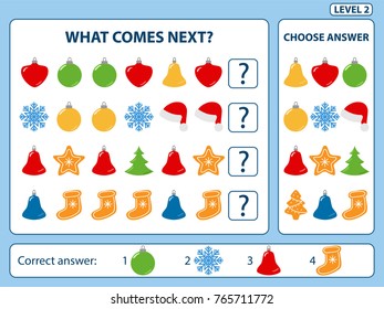 Set of tasks for the development of logical thinking of children. What comes next is educational children game. Find the regularity and continue the row task. Difficulty level 2. Vector illustration