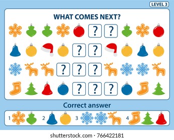 Set of tasks for the development of logical thinking of children. What comes next is educational children game. Find the regularity and continue the row task. Difficulty level 3. Vector illustration
