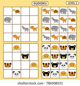 Set of tasks for the development of logical thinking of children. Sudoku with pictures is education game for children. Difficulty level 2. Paste pictures into the correct cells. Vector illustration