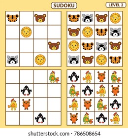 Set of tasks for the development of logical thinking of children. Sudoku with pictures is education game for children. Difficulty level 2. Paste pictures into the correct cells. Vector illustration