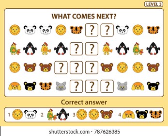 Set of tasks for the development of logical thinking of children. What comes next is educational children game. Find the regularity and right composite the row task. Level 3. Vector illustration