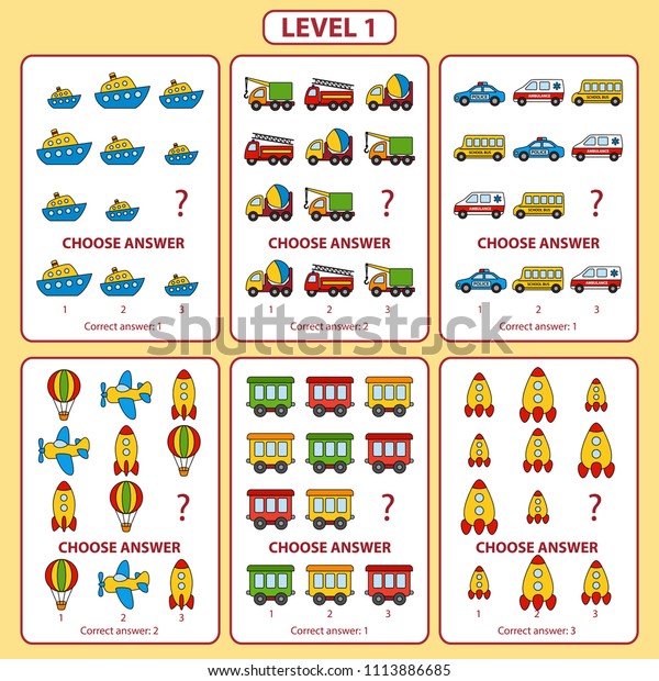 Set of tasks for the development of logical\
thinking of children. Level 1. Set of logical tasks on the theme of\
transport. Vector\
illustration