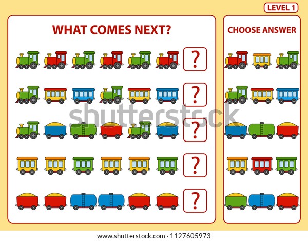 Set of tasks for the development of logical\
thinking of children. What comes next is educational children game.\
Find the regularity and continue the row task. Difficulty level 1.\
Vector illustration
