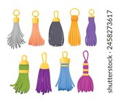 Set of Tassels accessories collection. Leather fringe tassel trinket, handbag embelishments and fashion key chain. ruffle seam trim, tassel border ruffles and garment decorative ornament.