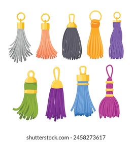 Set of Tassels accessories collection. Leather fringe tassel trinket, handbag embelishments and fashion key chain. ruffle seam trim, tassel border ruffles and garment decorative ornament.