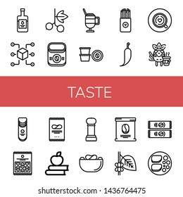 Set of taste icons such as Balsamic vinegar, Packet, Blackcurrant, Instant coffee, Latte, Coffee capsule, Salty, Hot pepper, Coffee, Crisps, Apple, Grinder, bag , taste