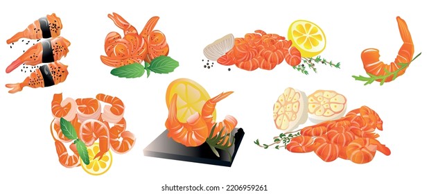 Set of tasty boiled shrimp tails and sushi on white background