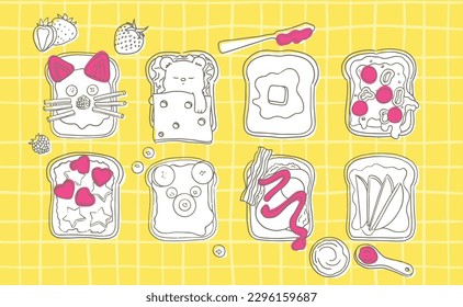 Set of tasty bread toasts. Collection of hand drawn bread sandwiches vector illustration. Bread with butter, strawberry jam, cheese, chocolate spread, bacon