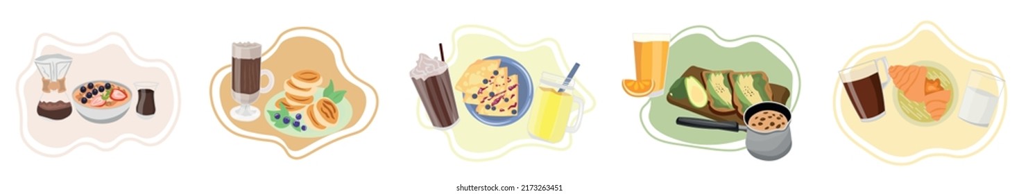 Set of tasty breakfasts on white background