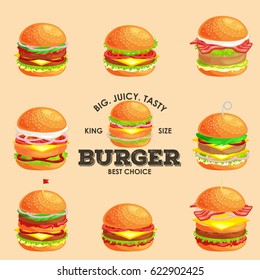 Set of tasty burger grilled beef and fresh vegetables dressed with sauce in bun for snack or lunch, hamburger is classical american fast food meal usual menu could be barbecue meat bread tomato cheese