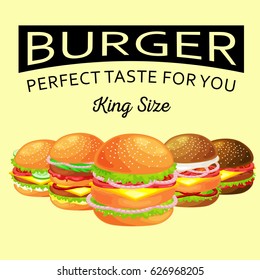 Set of tasty burger grilled beef and fresh vegetables dressed with sauce in bun for snack or lunch, hamburger is classical american fast food meal usual menu could be barbecue meat bread tomato cheese