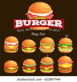 Set of tasty burger grilled beef and fresh vegetables dressed with sauce in bun for snack or lunch, hamburger is classical american fast food meal usual menu could be barbecue meat bread tomato cheese