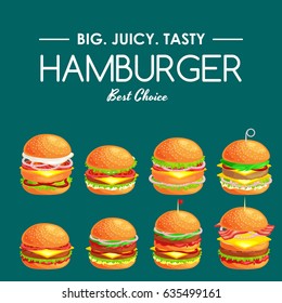 Set of tasty burger grilled beef and fresh vegetables dressed with sauce in bun for snack or lunch, hamburger is classical american fast food meal usual menu could be barbecue meat bread tomato cheese