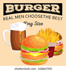 Set of tasty burgers grilled beef and fresh vegetables dressed with sauce bun for snack, american hamburger fast food meal French fries with cold beer brown ice drink vecor illustration background