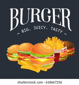 Set of tasty burgers grilled beef and fresh vegetables dressed with sauce bun for snack, american hamburger fast food meal French fries with cold soda brown ice drink vecor illustration background