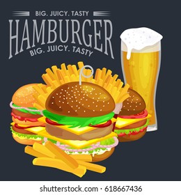 Set of tasty burgers grilled beef and fresh vegetables dressed with sauce bun for snack, american hamburger fast food meal French fries with cold bear brown ice drink vecor illustration background
