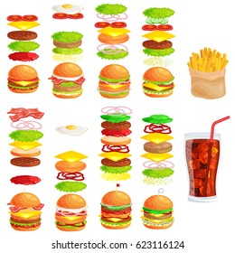 Set of tasty burgers grilled beef and fresh vegetables dressed with sauce bun for snack, american hamburger fast food meal French fries with cold soda brown ice drink vecor illustration background