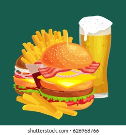 Set of tasty burgers grilled beef and fresh vegetables dressed with sauce bun for snack, american hamburger fast food meal French fries with cold bear brown ice drink vecor illustration background