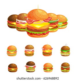 Set of tasty burgers grilled beef and fresh vegetables dressed with sauce bun for snack, american hamburger fast food meal French fries with cold soda brown ice drink vecor illustration background