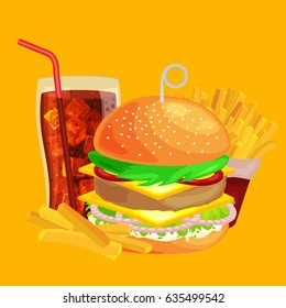 Set of tasty burgers grilled beef and fresh vegetables dressed with sauce bun for snack, american hamburger fast food meal French fries with cold soda brown ice drink vecor illustration background