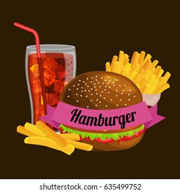 Set of tasty burgers grilled beef and fresh vegetables dressed with sauce bun for snack, american hamburger fast food meal French fries with cold soda brown ice drink vecor illustration background
