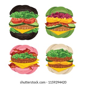 Set of tasty burgers with rose, black, green and white bread isolated on white