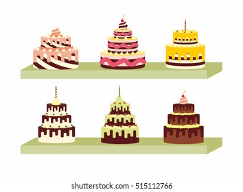 Set of tasty cakes on the shelf for birthdays, weddings, anniversaries and other celebrations. Vector illustration of a flat design isolated on white background